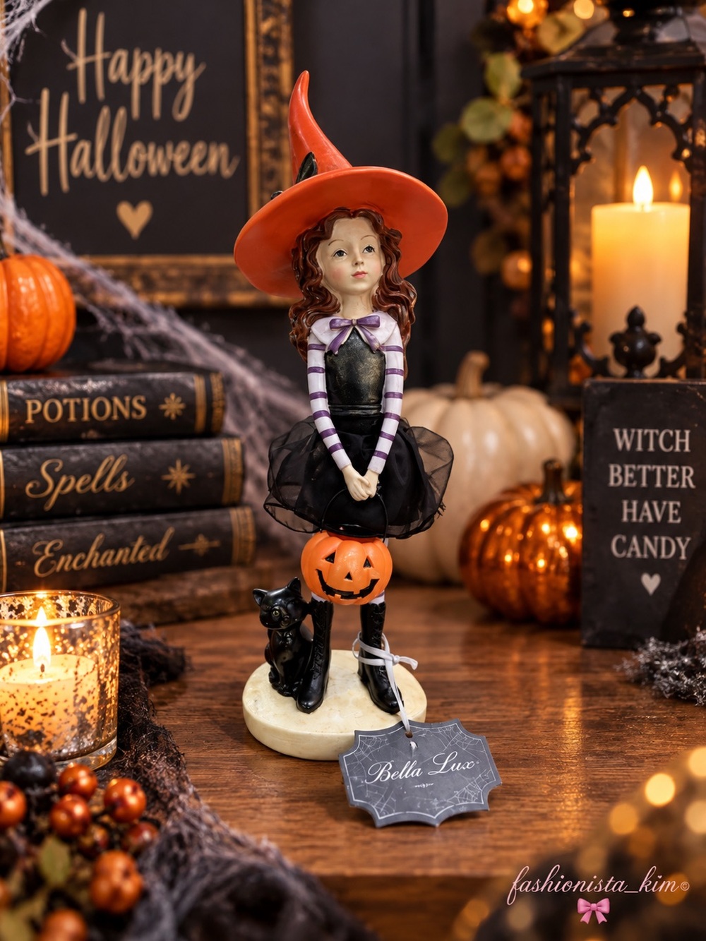 Bella Lux Witch girl with pumpkin Black Cat Orange Hat Halloween decor